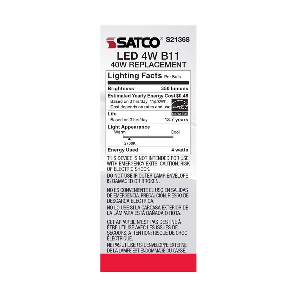 3Pk - Satco 4w B11 LED 2700K Medium Base Dimmable - 40w equiv