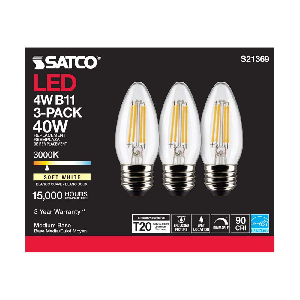 3Pk - Satco 4w B11 LED 3000K Medium Base Dimmable - 40w equiv