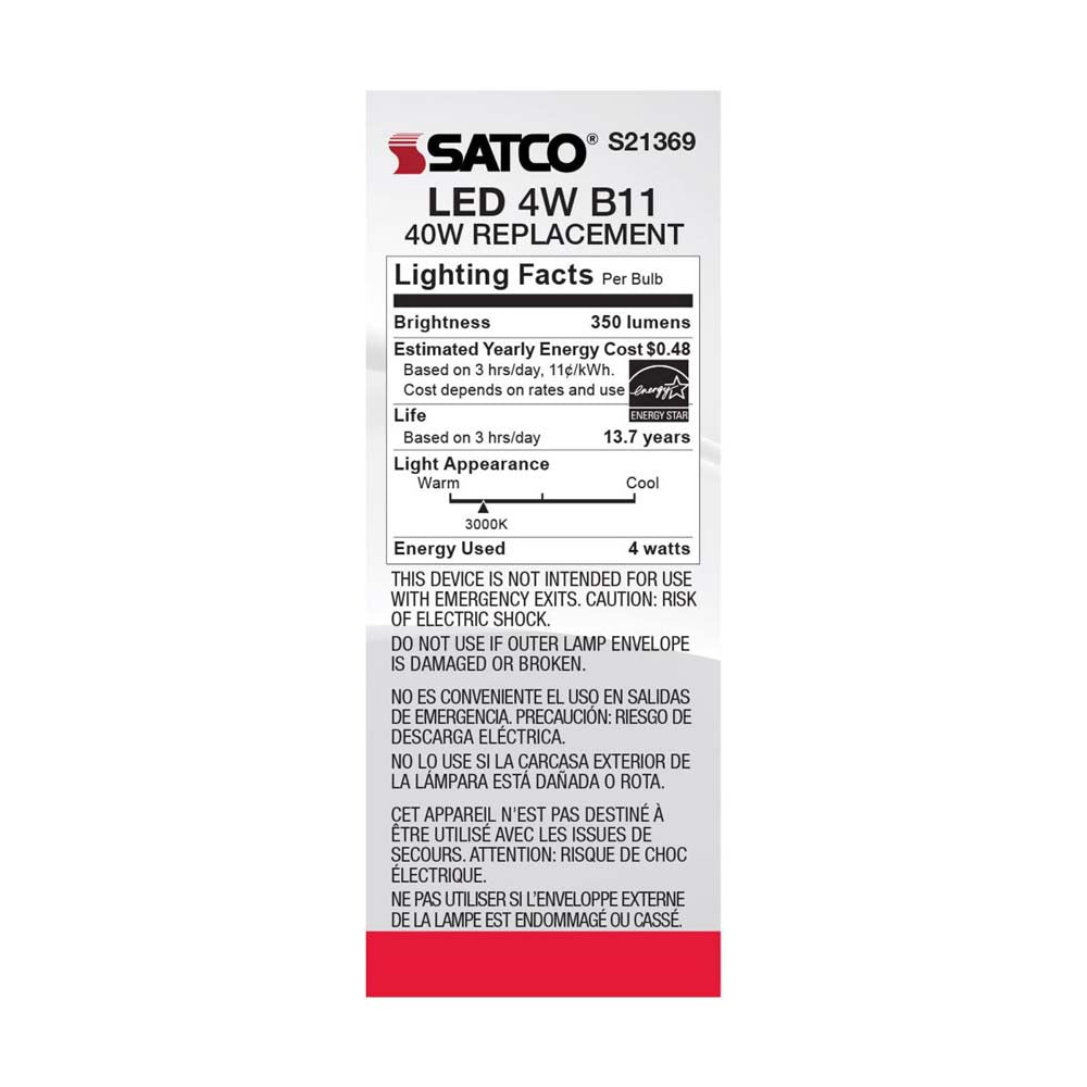 3Pk - Satco 4w B11 LED 3000K Medium Base Dimmable - 40w equiv