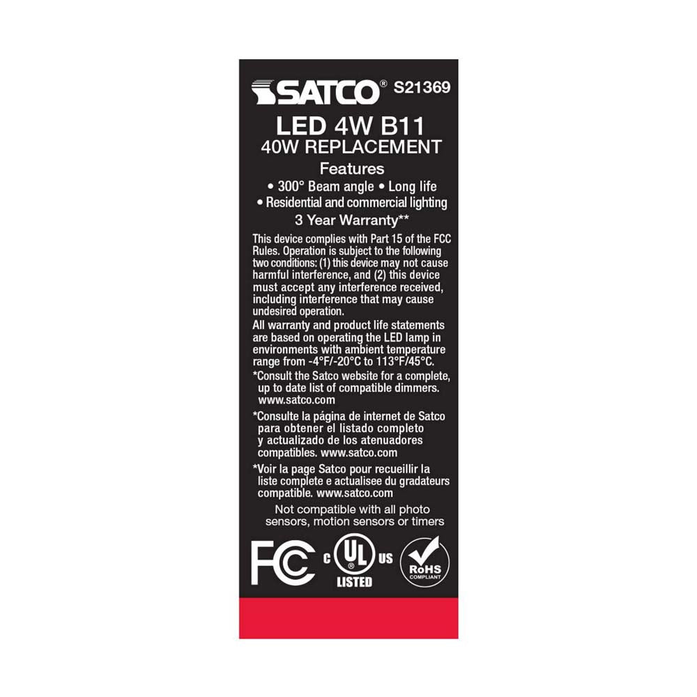 3Pk - Satco 4w B11 LED 3000K Medium Base Dimmable - 40w equiv