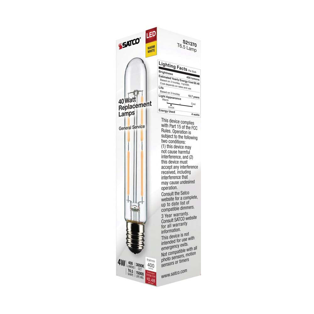 Satco 4W T6.5 LED Clear Intermediate Base 3000K Soft White 400 Lumens 120v