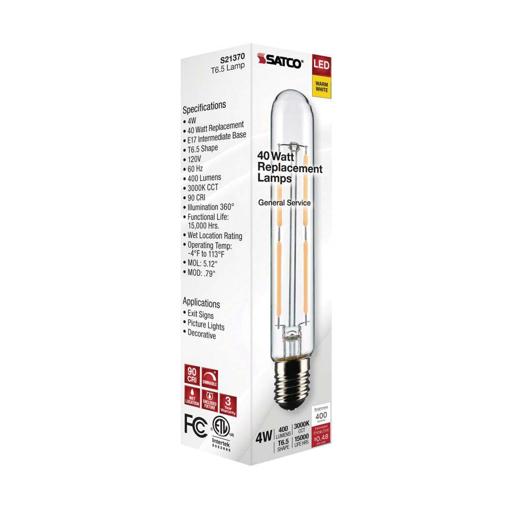 Satco 4W T6.5 LED Clear Intermediate Base 3000K Soft White 400 Lumens 120v