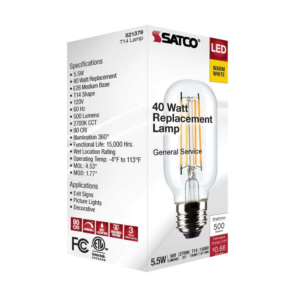 5.5W T14 LED Clear Medium Base 2700K 500 Lumens 120v