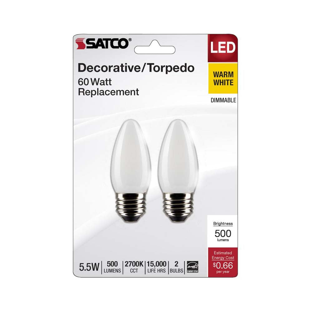 2Pk - 5.5W B11 LED Frosted Medium Base 2700K 500 Lumens 120v