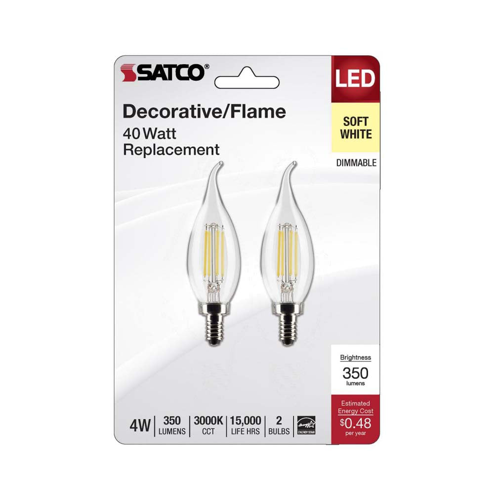 2Pk - 4W CA10 LED Clear Candelabra Base 3000K 350 Lumens 120v