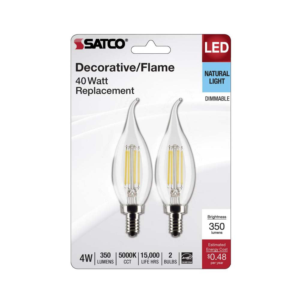 2Pk - 4W CA10 LED Clear Candelabra Base 5000K 350 Lumens 120v
