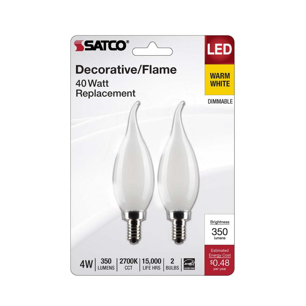 2Pk - 4W CA10 LED Frosted Candelabra Base 2700K 350 Lumens 120v