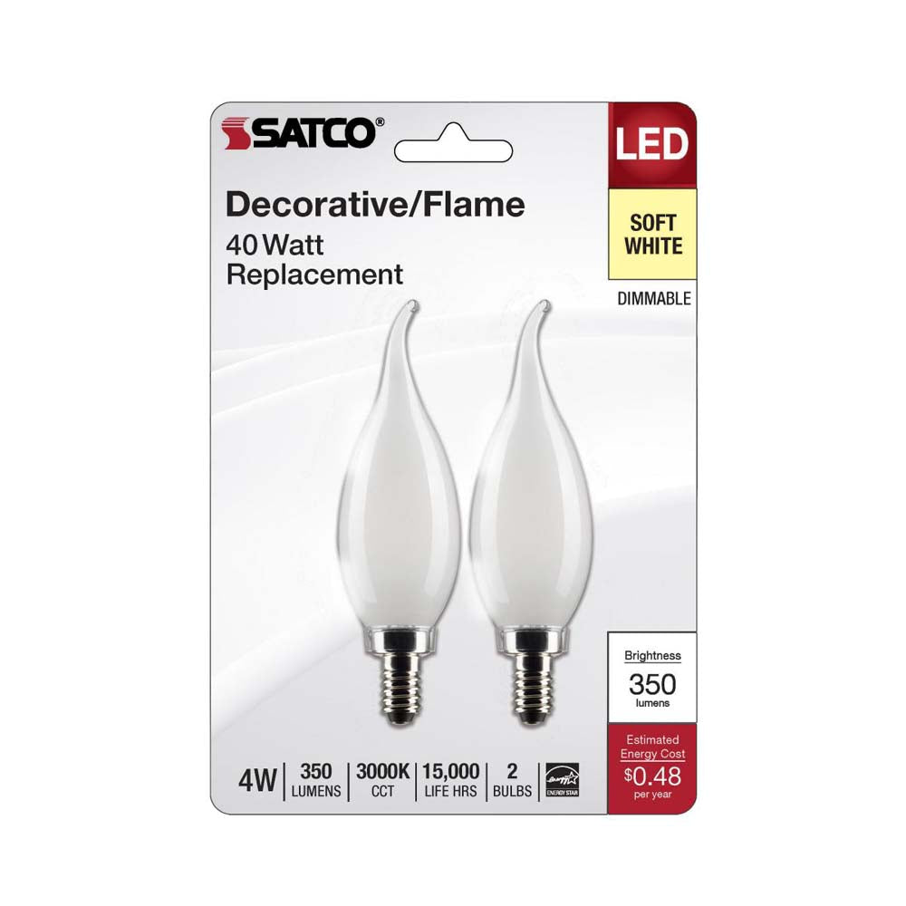 2Pk - 4W CA10 LED Frosted Candelabra Base 3000K 350 Lumens 120v