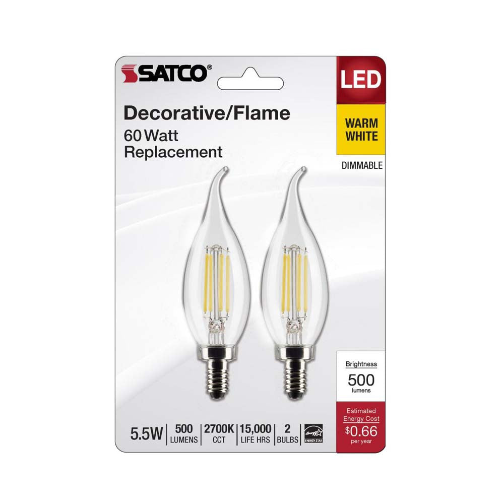 2Pk - 5.5W CA10 LED Clear Candelabra Base 2700K 500 Lumens 120v