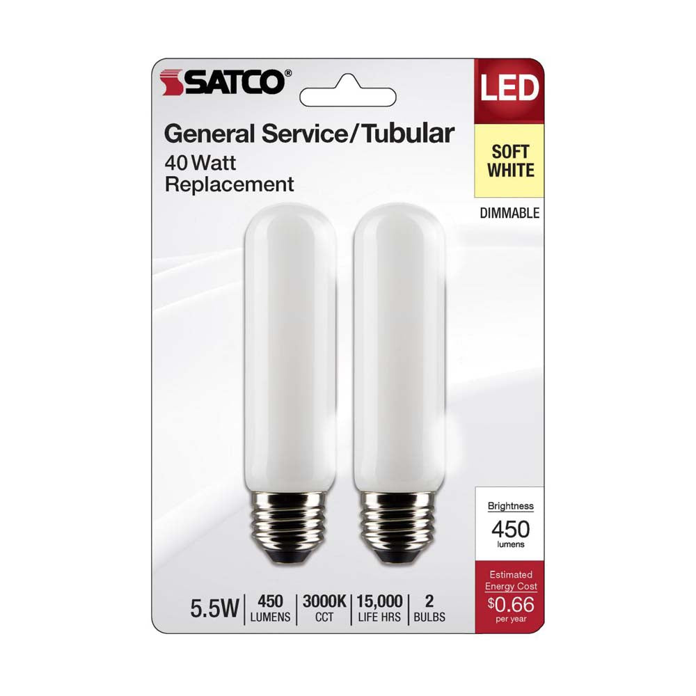 2Pk - 5.5W T10 LED Frosted Medium Base 3000K 450 Lumens 120v