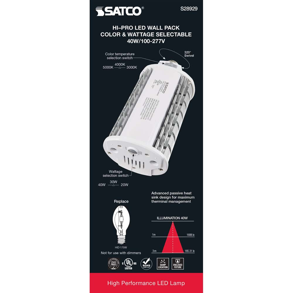 Satco LED Hi-Pro Wall Pack 20/30/40w CCT Selectable Medium Base 100-277V