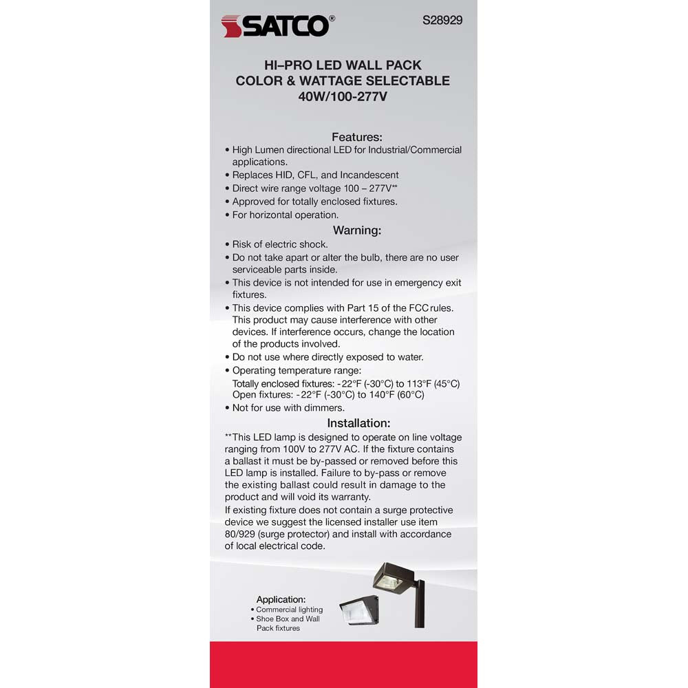 Satco LED Hi-Pro Wall Pack 20/30/40w CCT Selectable Medium Base 100-277V