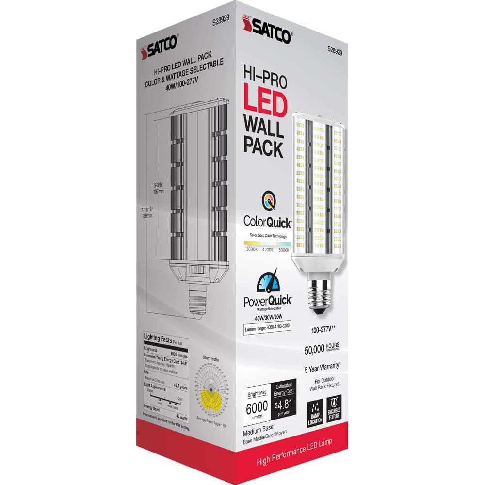 Satco LED Hi-Pro Wall Pack 20/30/40w CCT Selectable Medium Base 100-277V