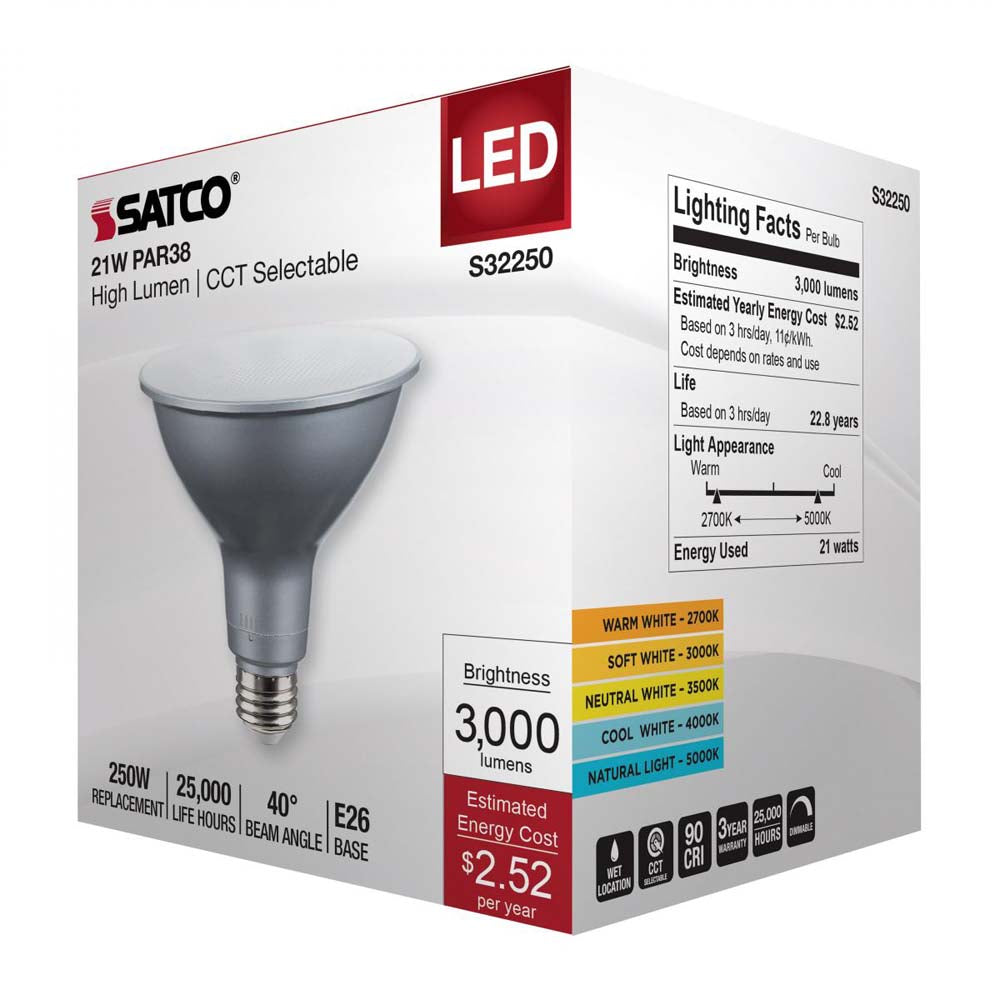 21w PAR38 High Lumen LED Long Neck CCT Selectable E26 Base 120v - 250w equiv