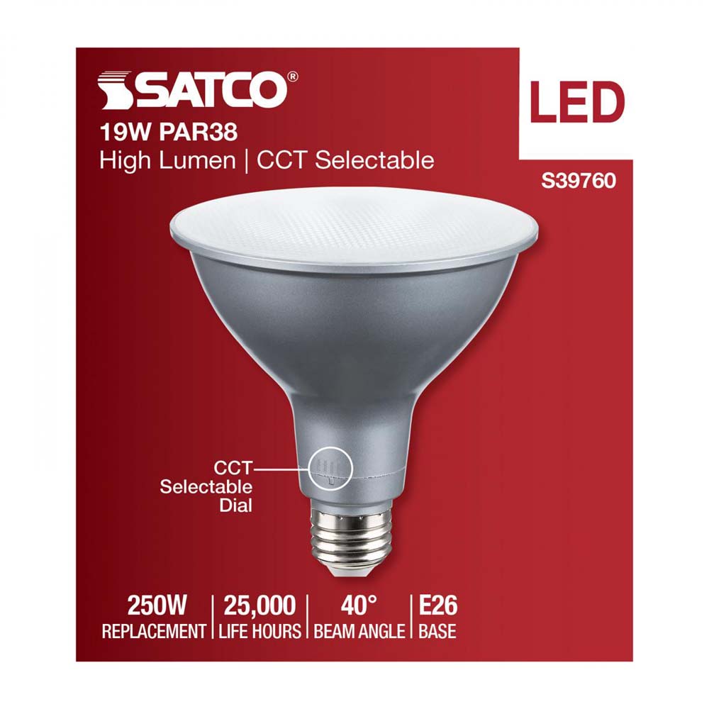 19w PAR38 High Lumen LED Long Neck CCT Selectable E26 Base 120-277v - 250w equiv