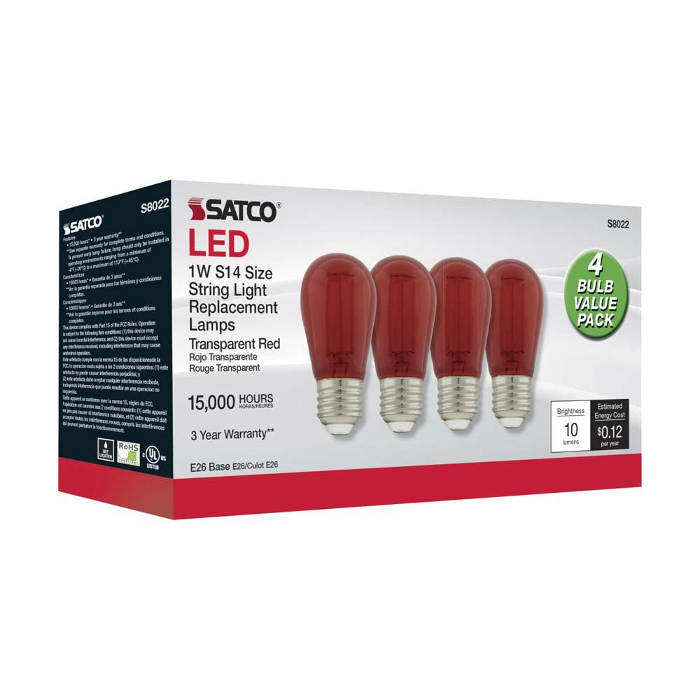 4Pk - 1W S14 LED Filament Red Transparent Glass Bulb E26 Base 120v