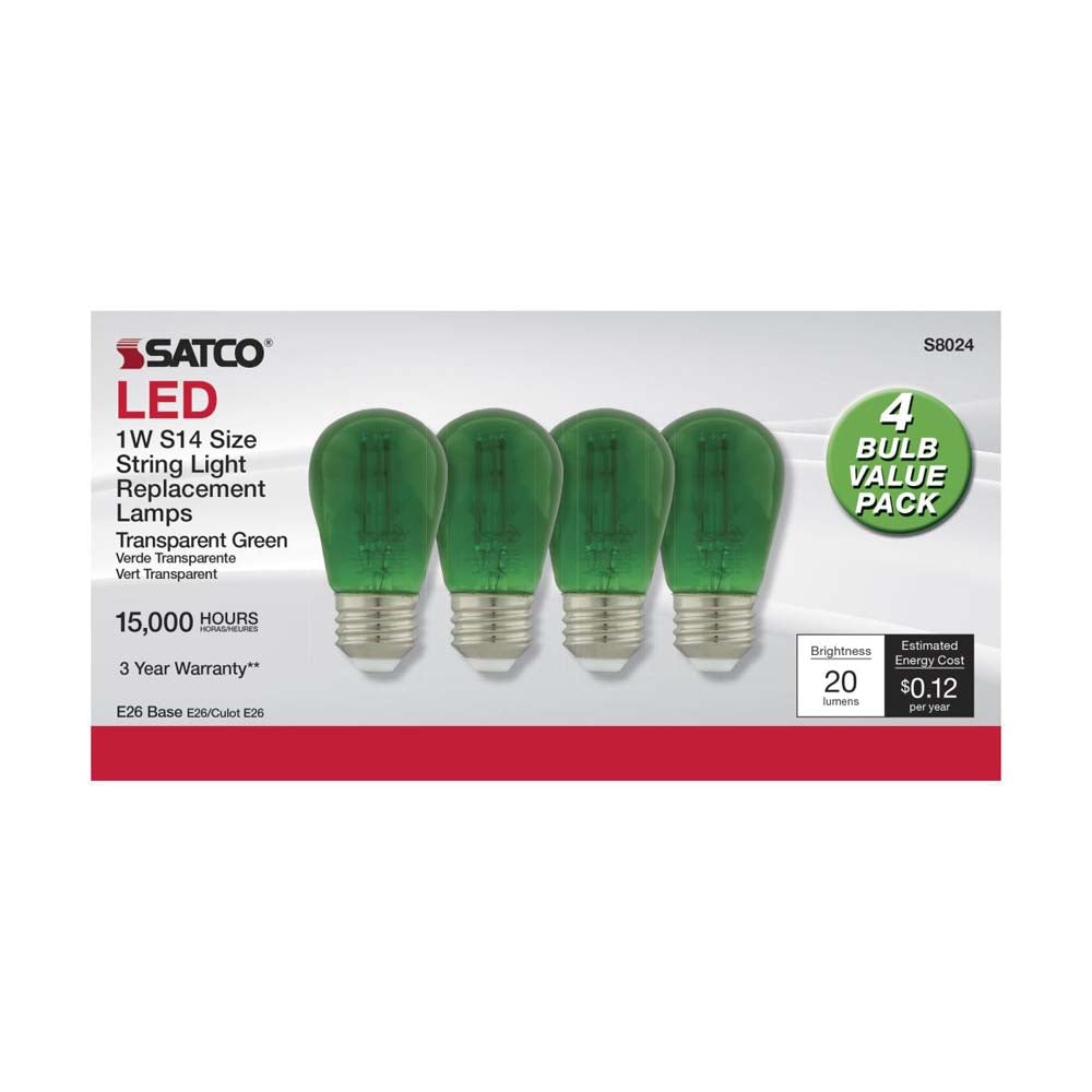 4Pk - 1W S14 LED Filament Green Transparent Glass Bulb E26 Base 120v