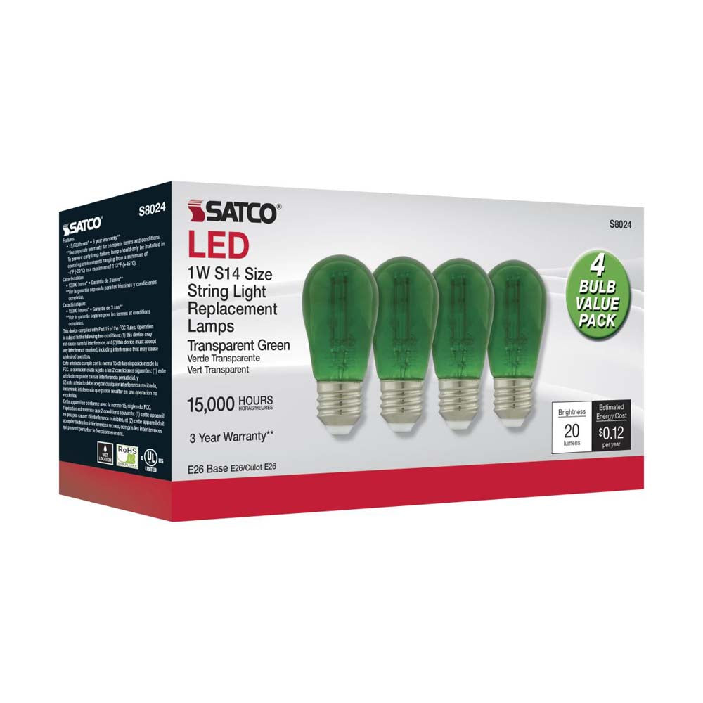 4Pk - 1W S14 LED Filament Green Transparent Glass Bulb E26 Base 120v