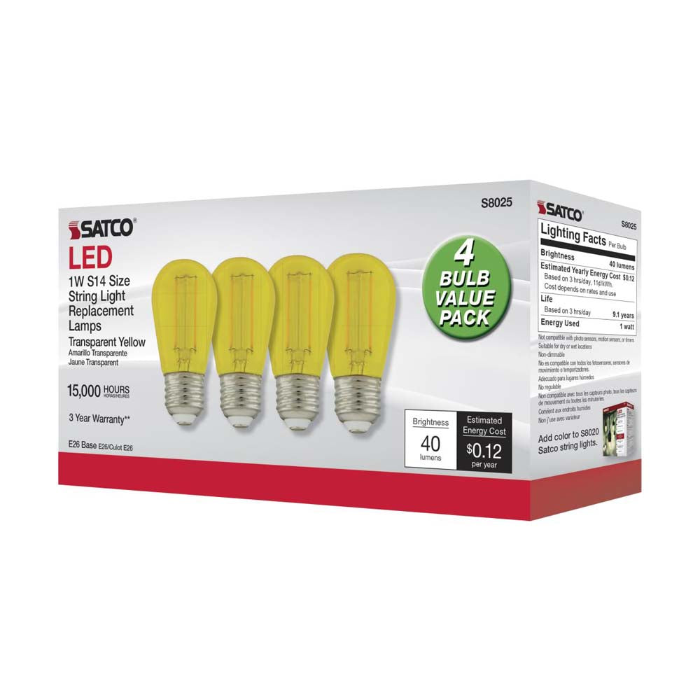 4Pk - 1W S14 LED Filament Yellow Transparent Glass Bulb E26 Base 120v