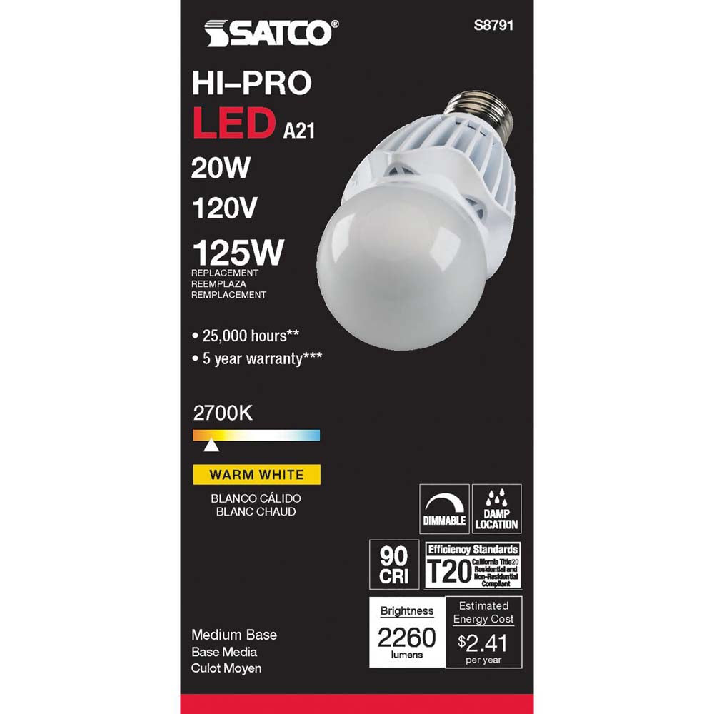 20W LED A21 High lumen output 2700K Dimmable E26 Medium base 120v
