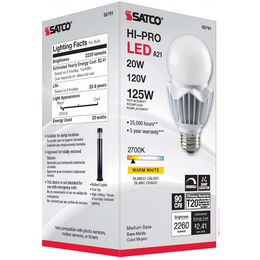 20W LED A21 High lumen output 2700K Dimmable E26 Medium base 120v