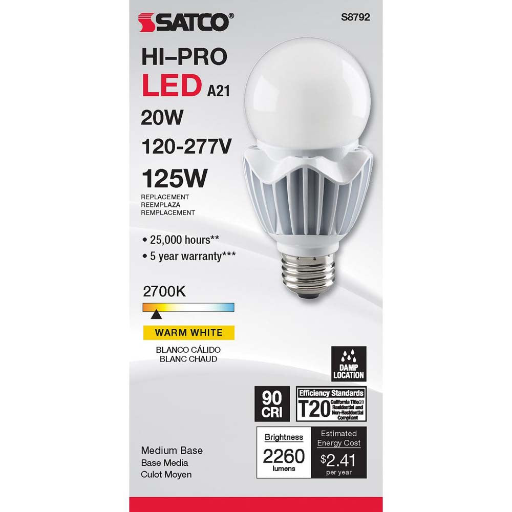 20W LED A21 High lumen output 2700K E26 Medium base 120-277v