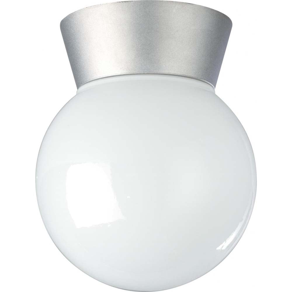 8-in Utility Ceiling Mount w/ White Glass Globe Satin Aluminum Finish