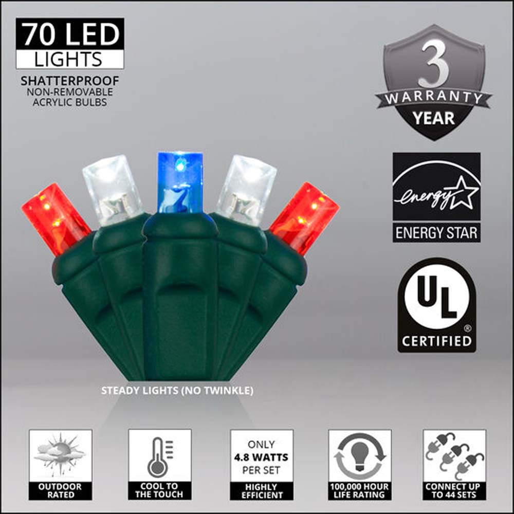 Wintergreen 70 5mm LED Patriotic Red White and Blue Lights 4in. Spacing 120v