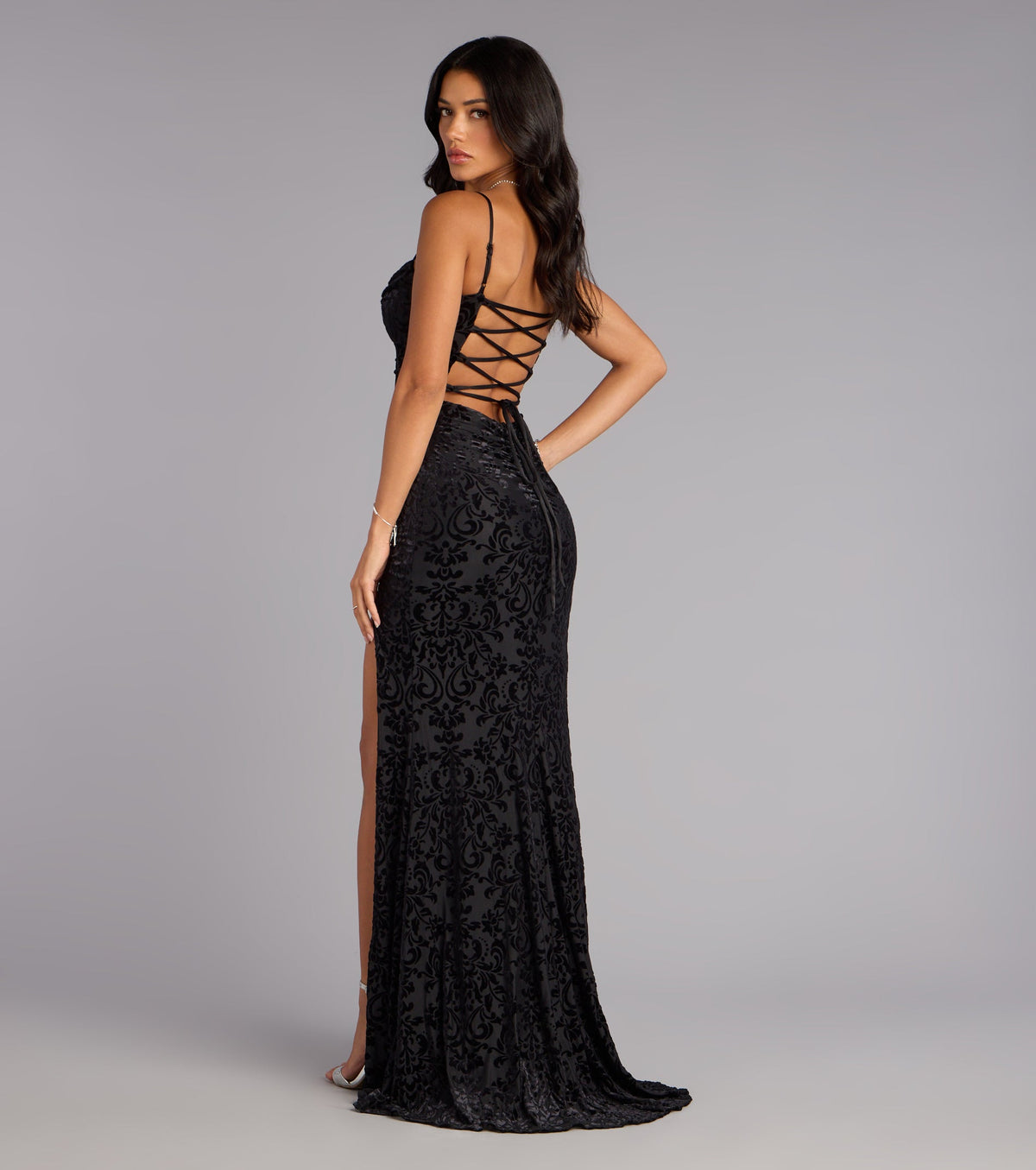 Ashlie Velvet Burnout Lace-Up Formal Dress
