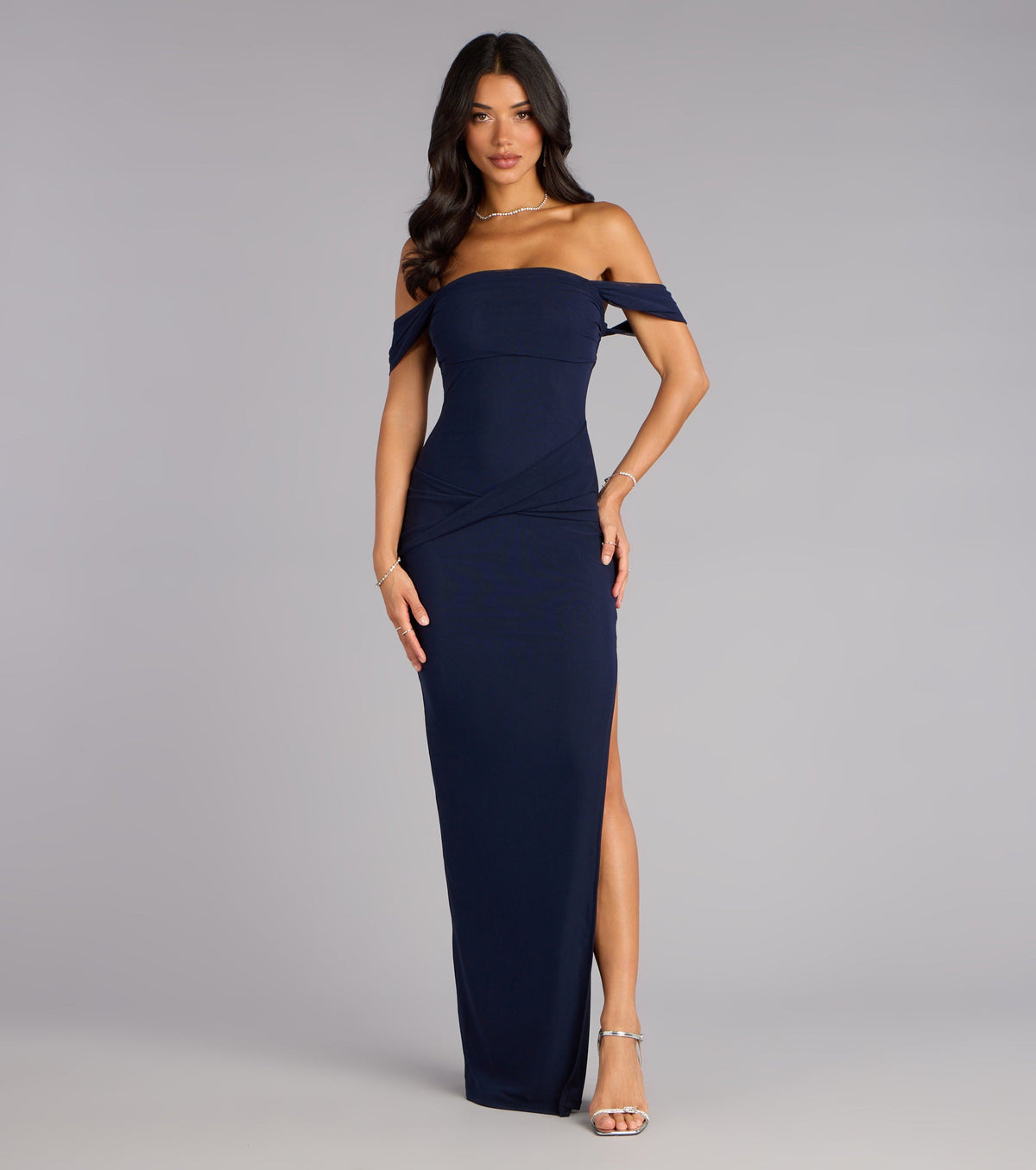 Kara Mesh Off-The-Shoulder Slit Formal Dress