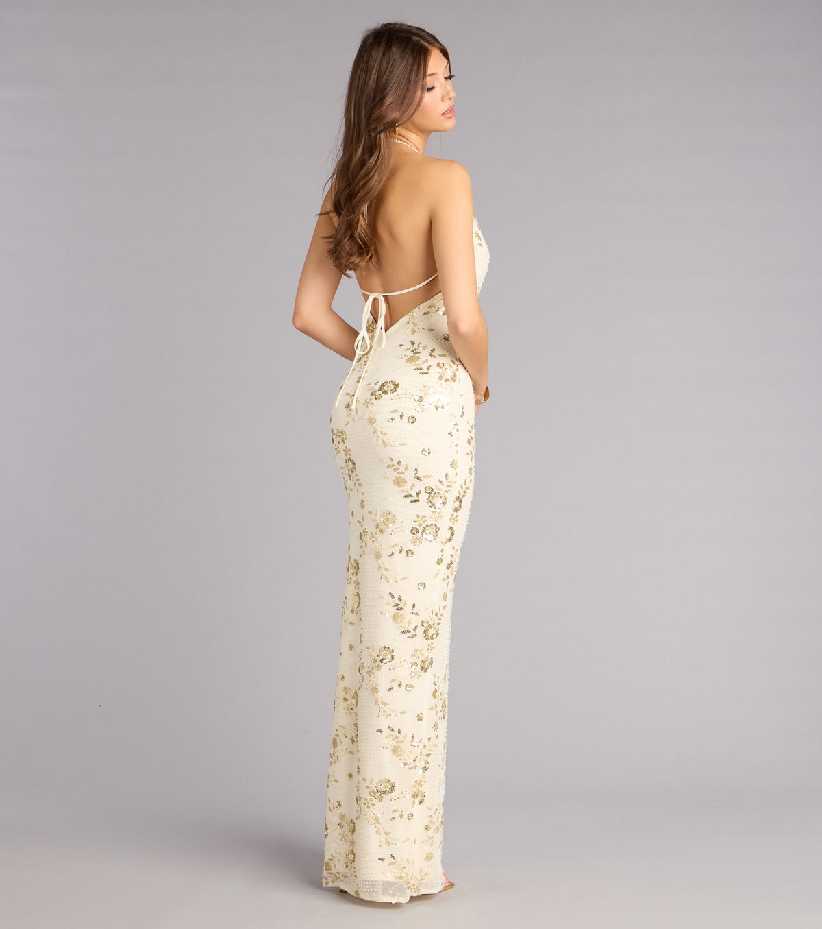 Maren Floral Sequin Mesh Halter Formal Dress