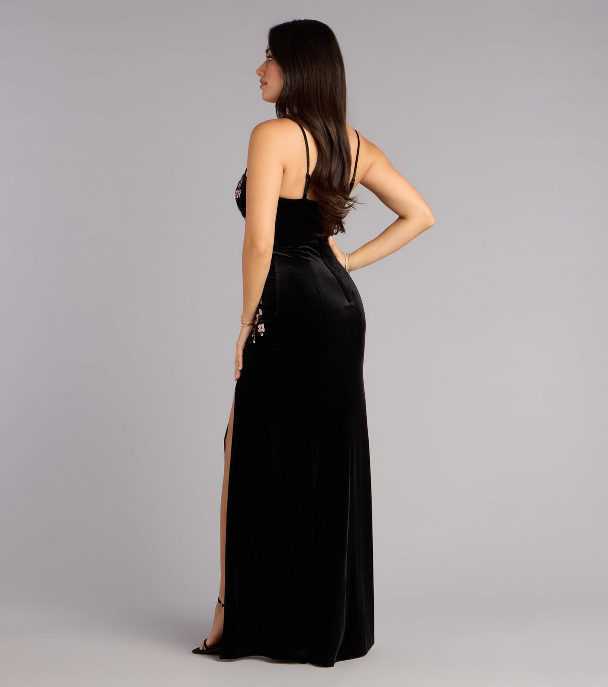 Mira Velvet Floral Appliqué Formal Dress