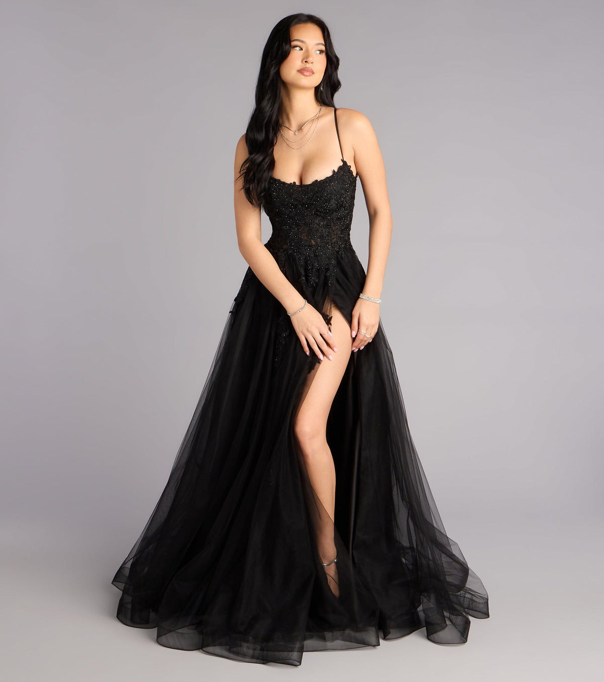 Caitlin Lace-Up Applique A-Line Formal Dress