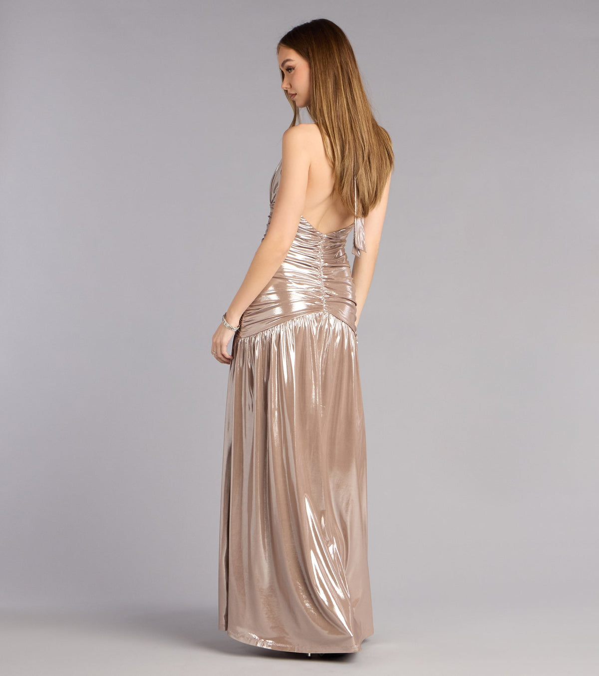 Mia Metallic Halter Slit Formal Dress