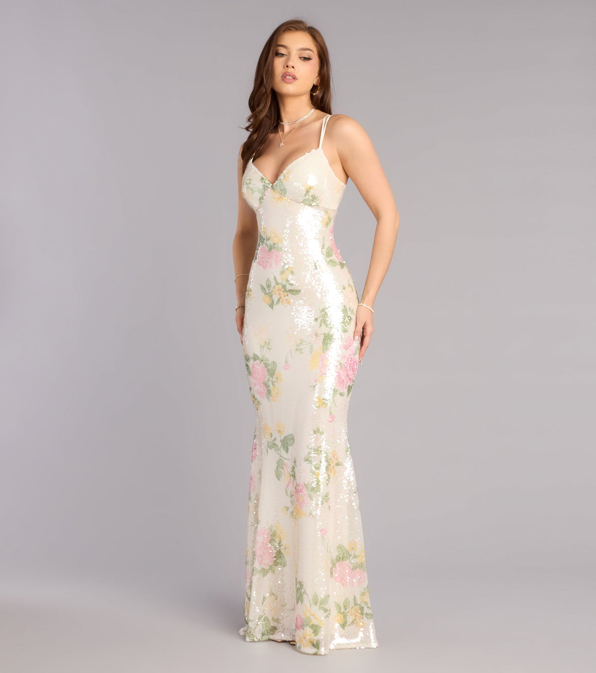 Elora Floral Sequin Lace-Up Mermaid Dress