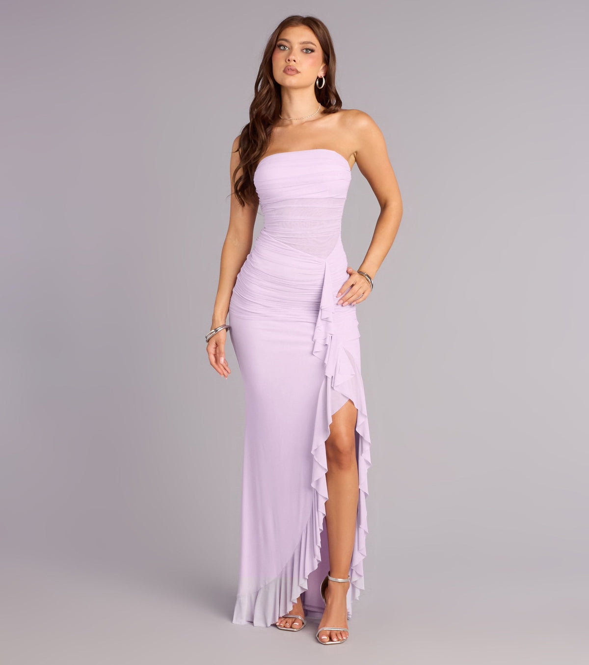 Sienna Mesh Ruffle Slit Formal Dress