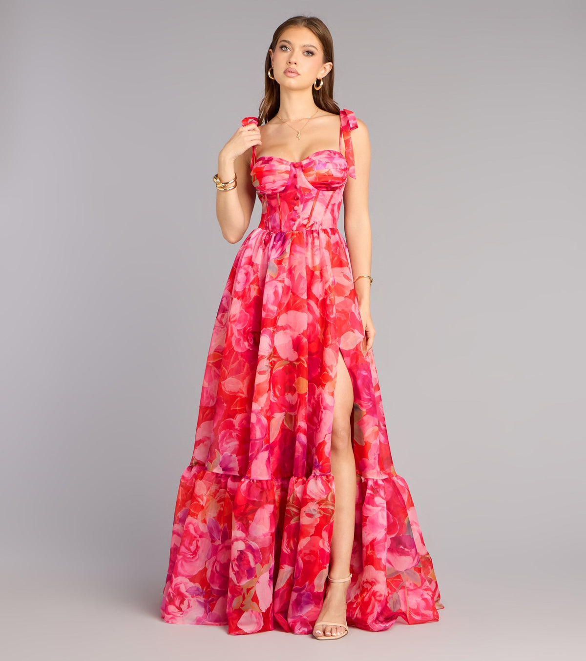 Elana Floral A-Line Slit Formal Dress