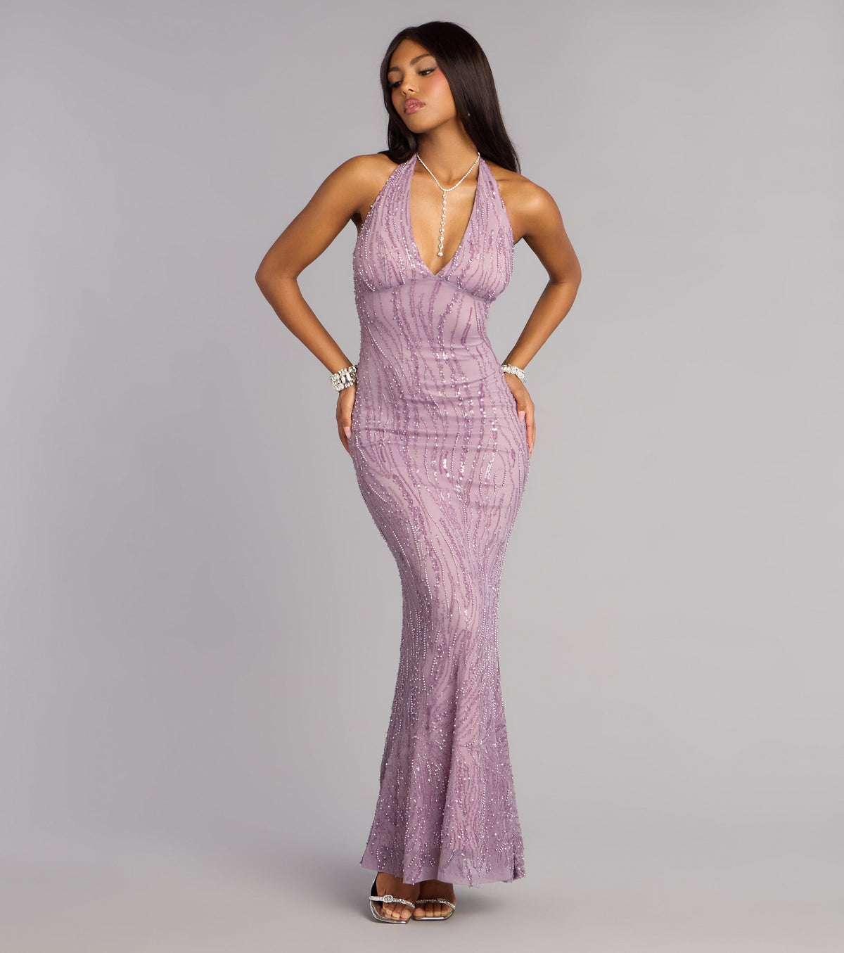 Faith Sequin Pearl Bead Formal Dress