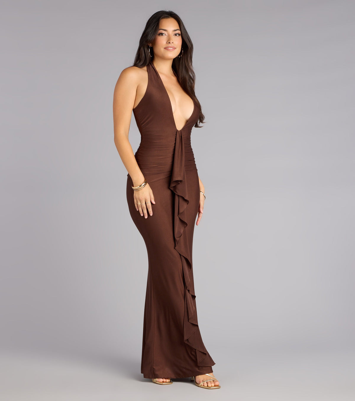 Night Whisper Plunge Ruffle Maxi Dress