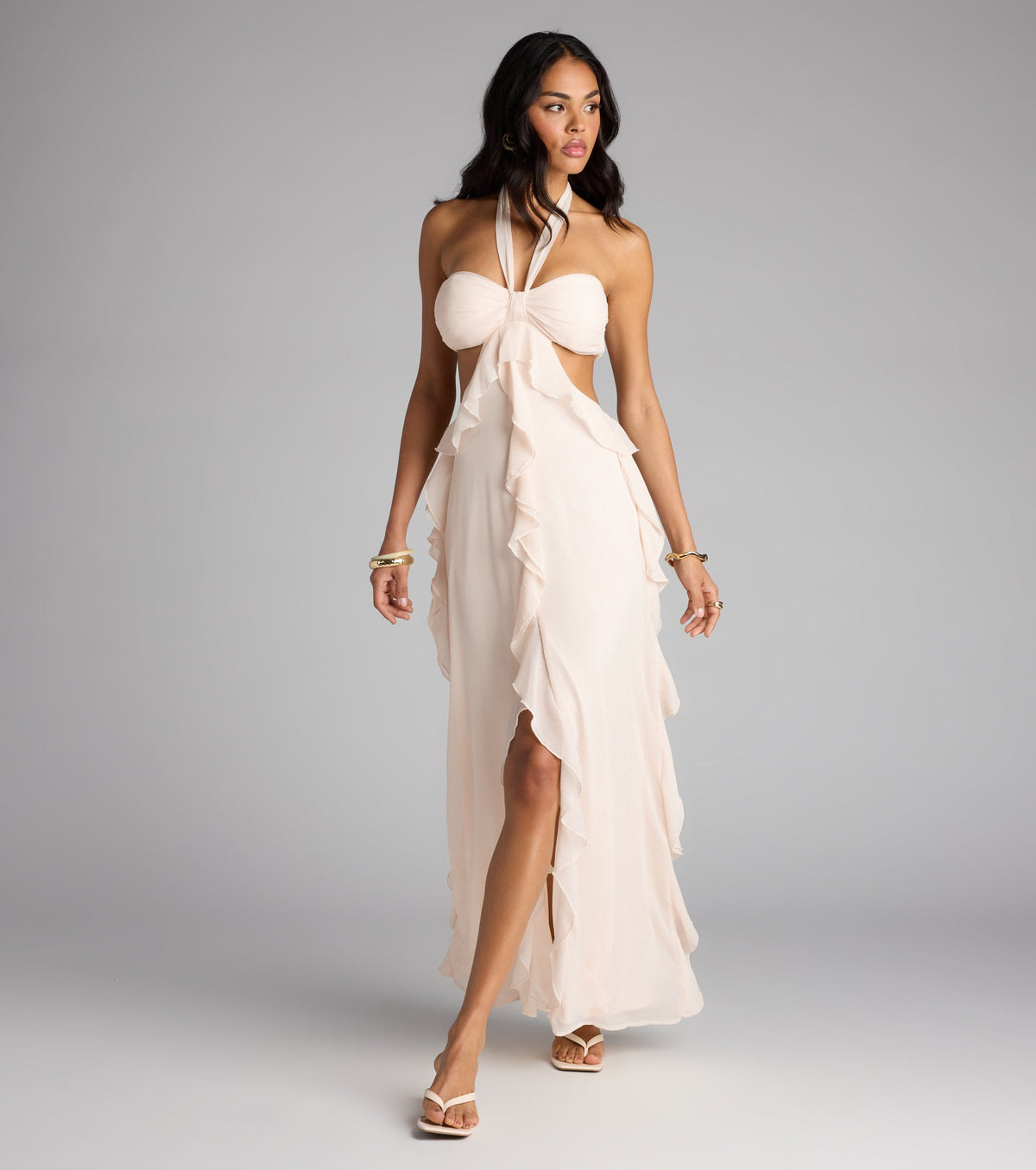 Ruffle and Ready Chiffon Halter Maxi Dress