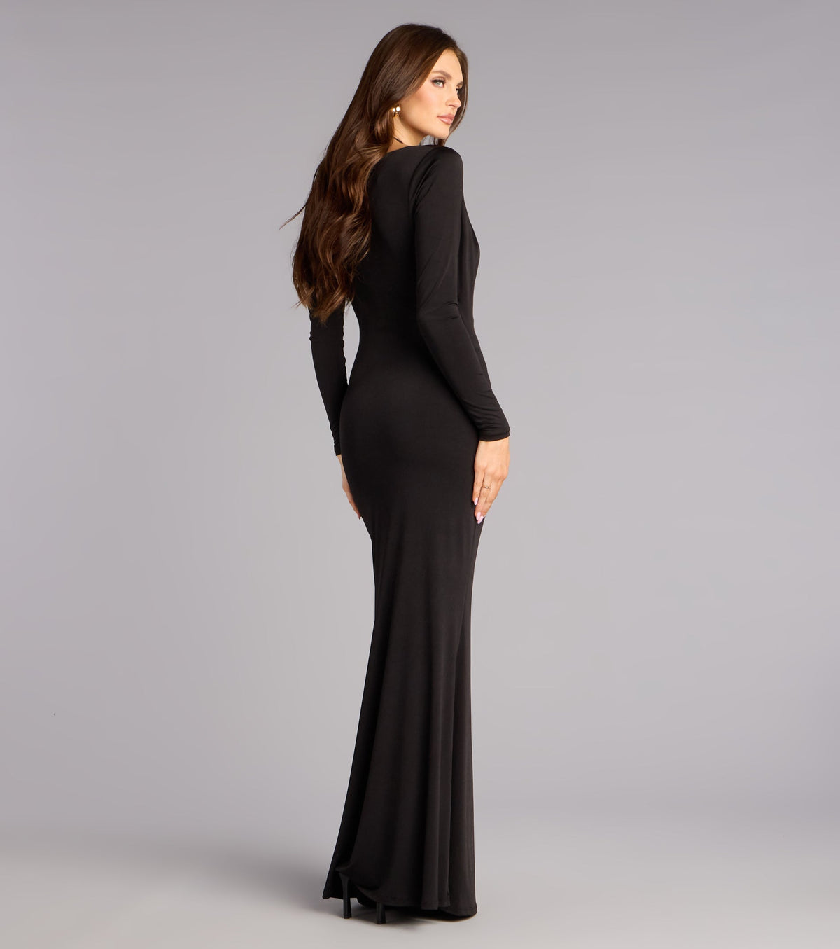 Golden Spotlight Plunge Long Sleeve Maxi Dress