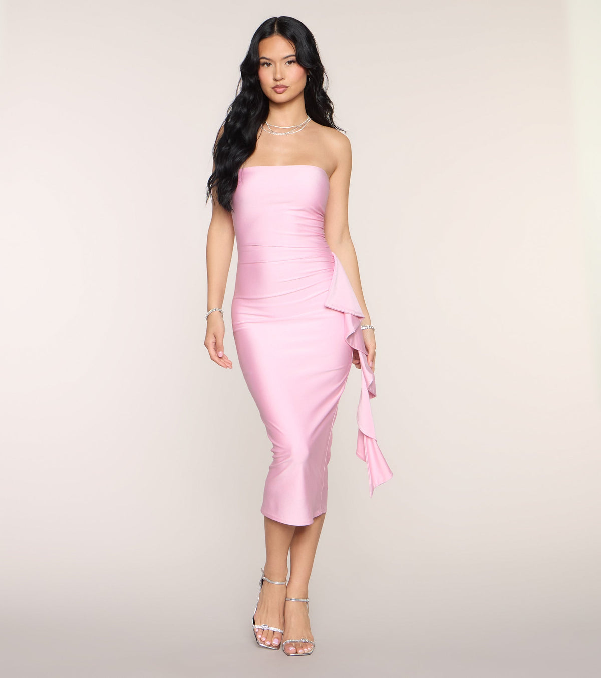 Evening Smooth Strapless Sash Midi Dress