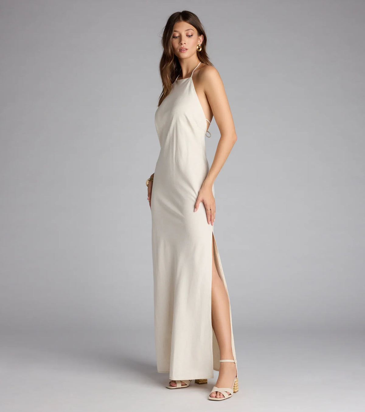 Coastal Chic Linen Halter Maxi Dress