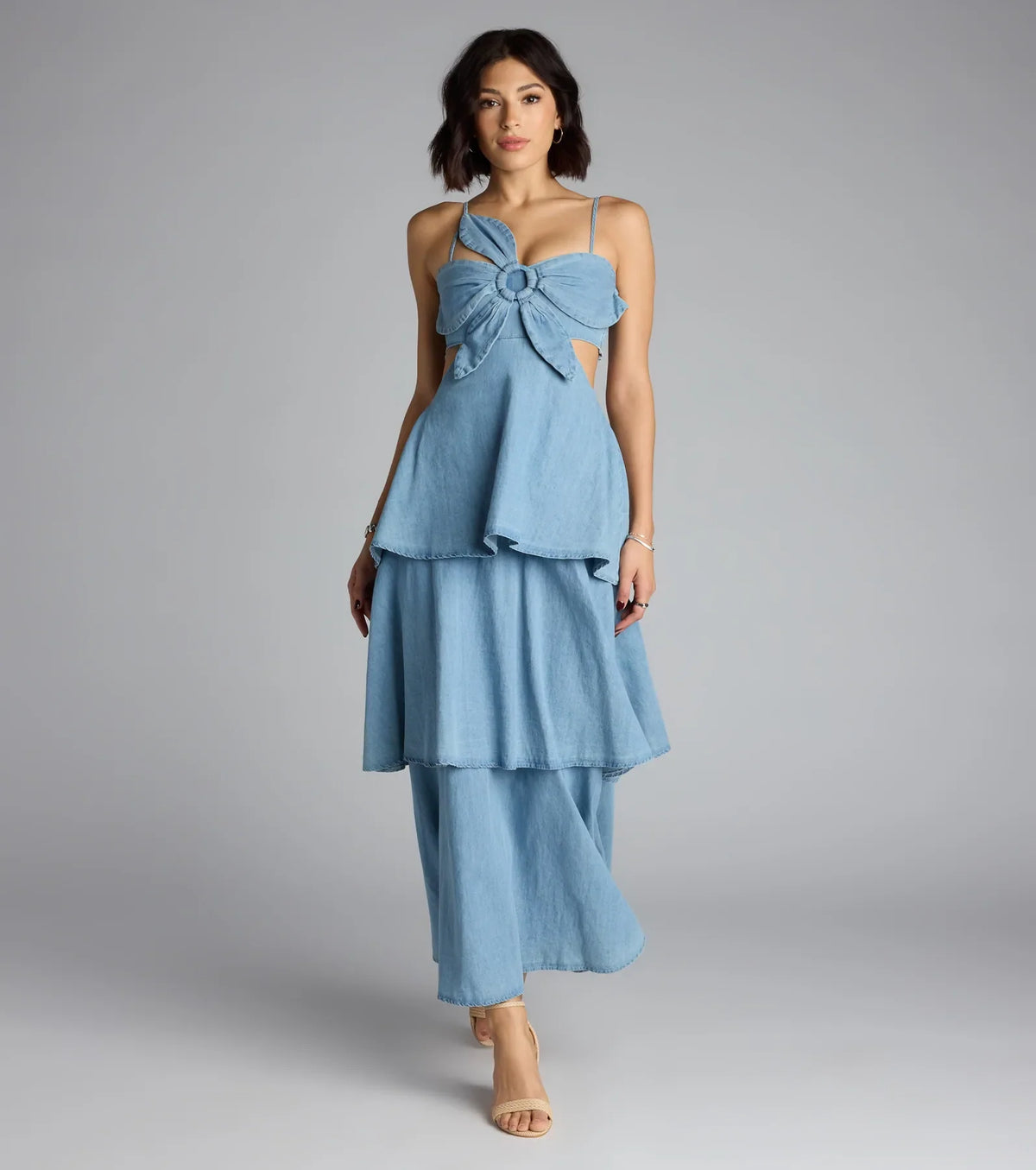 Ruffle Realness Denim Cutout Maxi Dress