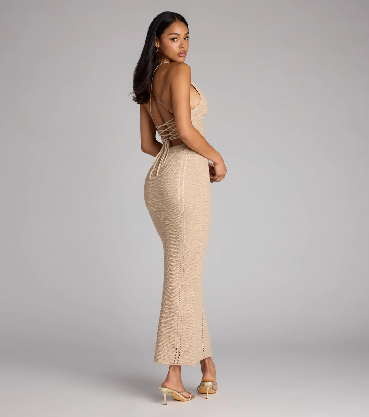 Beach Goddess Crochet Lace-Up Maxi Dress