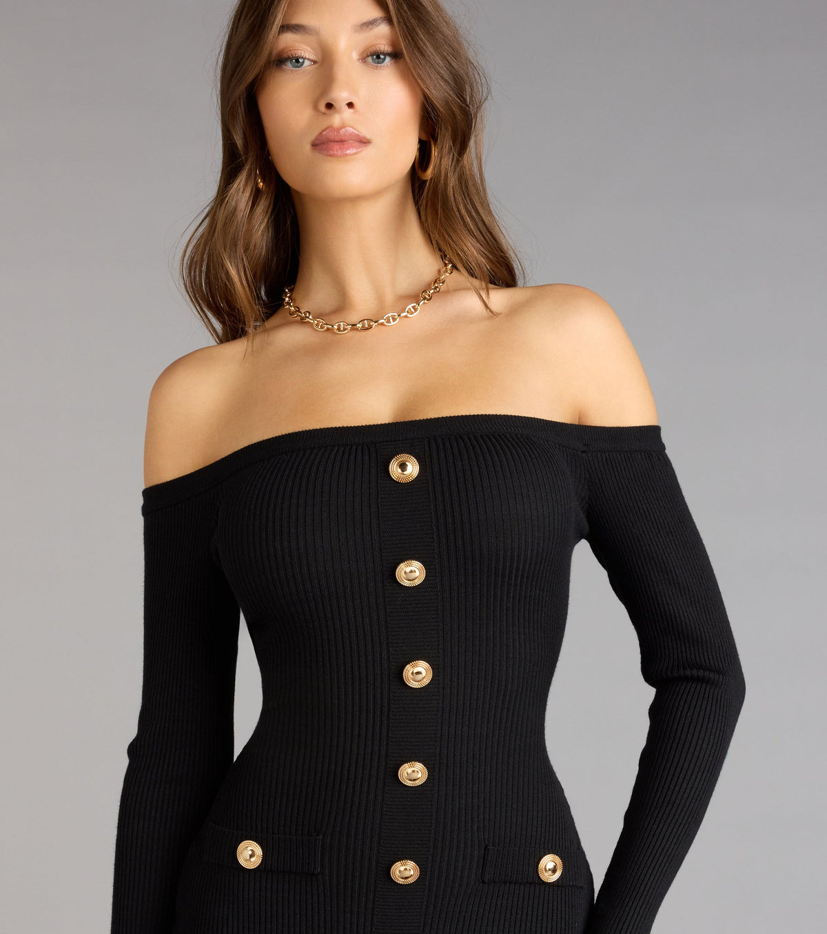 Buttoned Up Charm Off-The-Shoulder Mini Dress