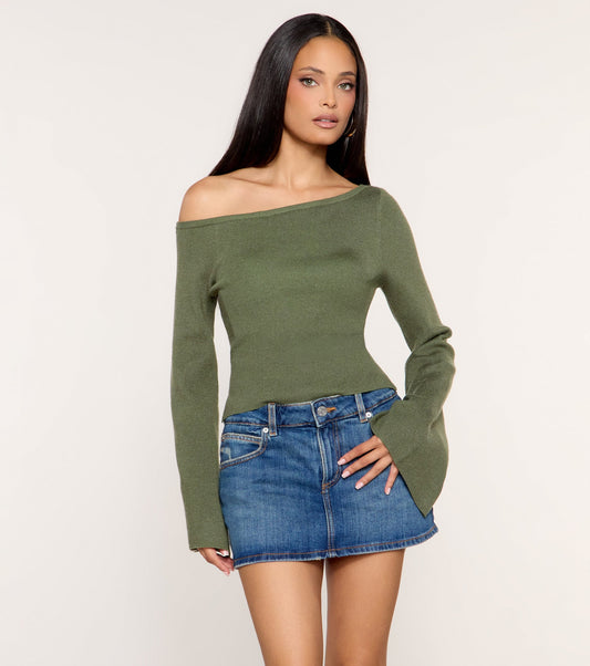 Side Glance One-Shoulder Bell Sleeve Sweater