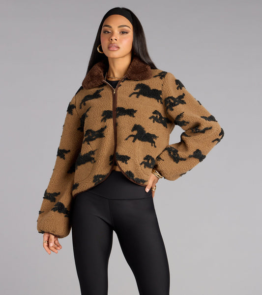 Wild Spirit Horse Print Faux Sherpa Jacket