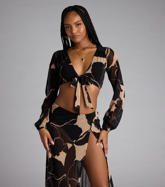 Resort Calling Mesh Tie Front Top