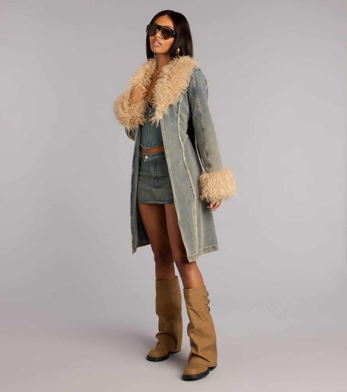 Cold Front Confidence Faux Fur Denim Trench Coat